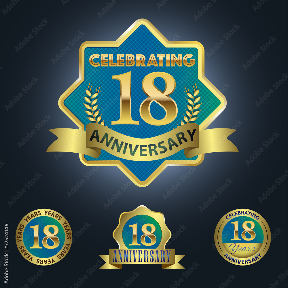 Fototapeta premium Celebrating 18 Years Anniversary - Blue seal with golden ribbon