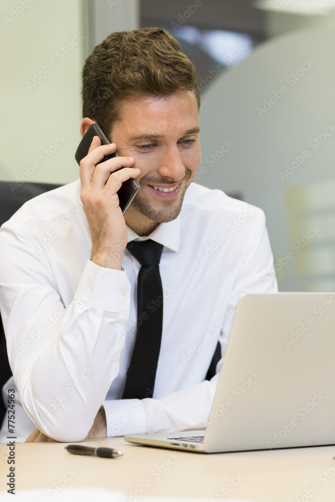 Businessman on mobile phone in office Businessman on mobile phone in office