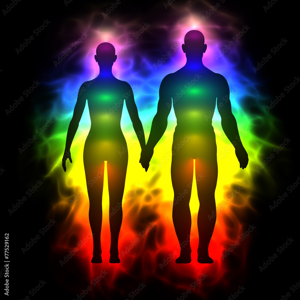 3d illustration of rainbow aura of woman and man