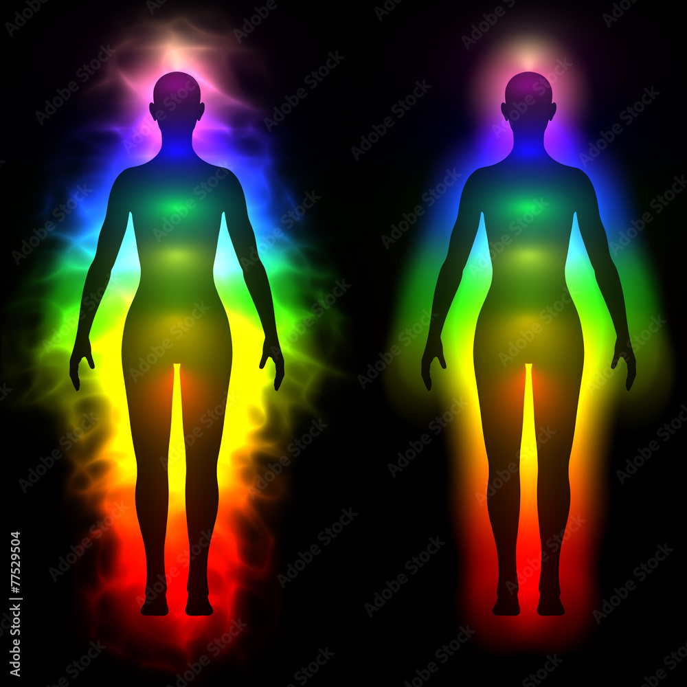 3d illustration of rainbow aura of woman - silhouette