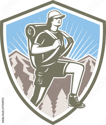 Female Hiker Hiking Mountain Shield Retro