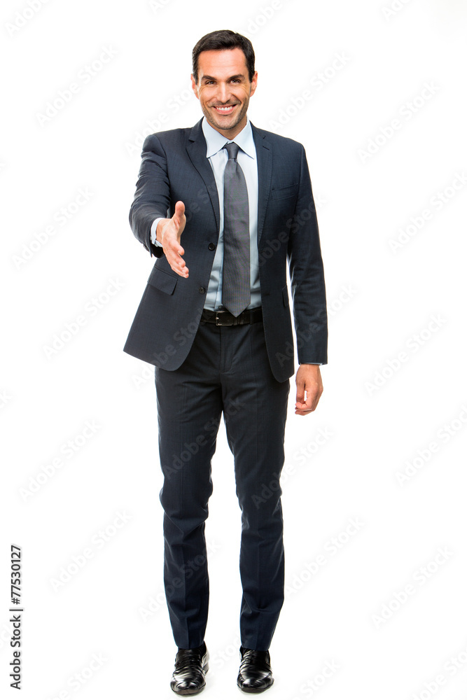 businessman smiling raising his arm for shaking hands businessman smiling raising his arm for shaking hands
