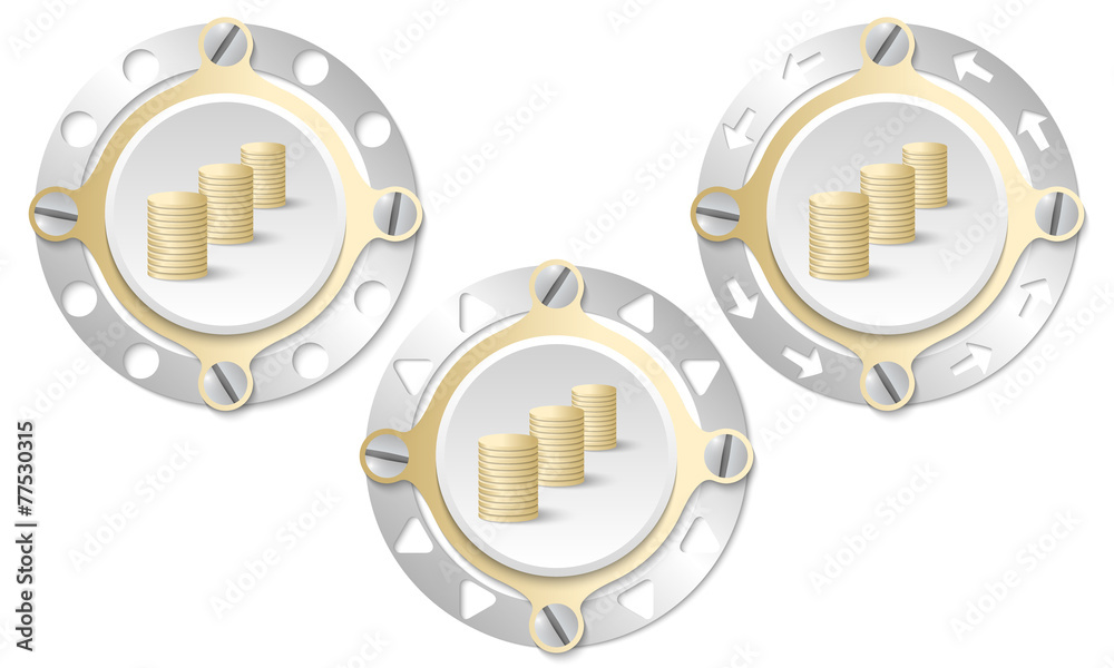 Set of three icons with perforated ring and coin Set of three icons with perforated ring and coin