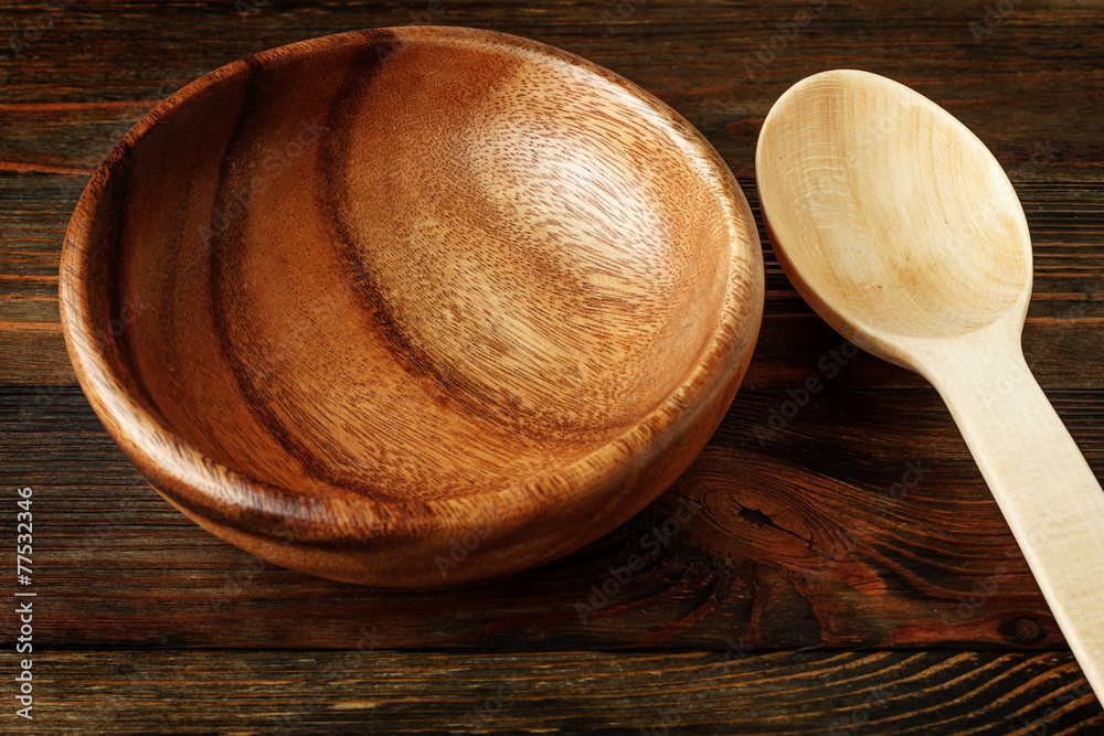 Close Up of wooden spoon and bowl on wood Close Up of wooden spoon and bowl on wood