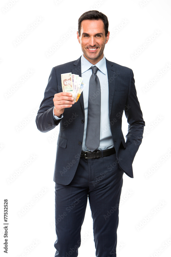 businessman smiling and holding money businessman smiling and holding money