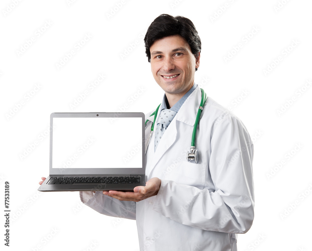 handsome doctor showing laptop computer handsome doctor showing laptop computer