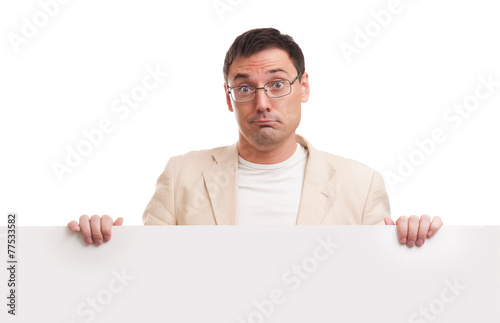 Man showing blank white billboard sign