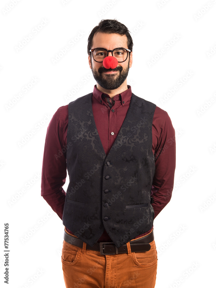 Man wearing waistcoat with clown nose Man wearing waistcoat with clown nose