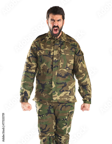 Soldier shouting over white background