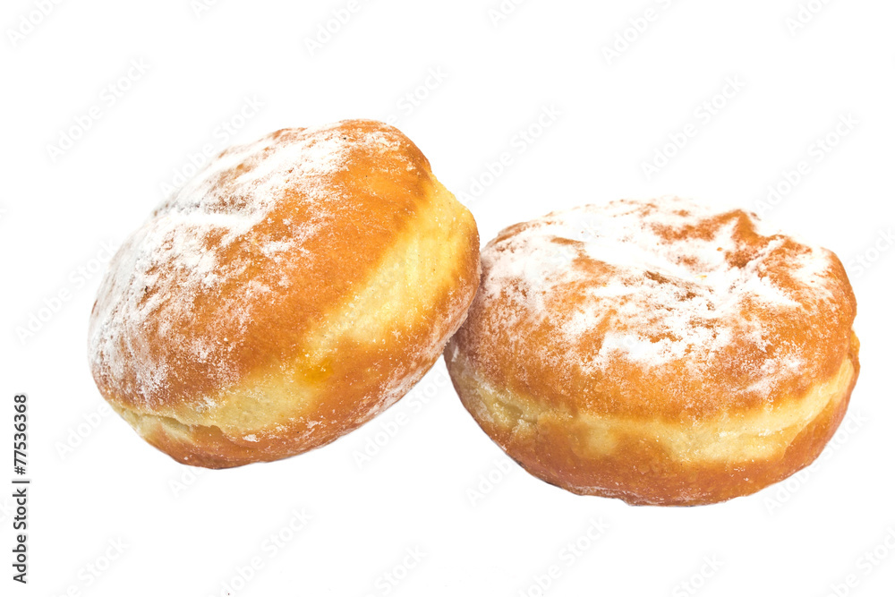 Two berliner donuts powdered with sugar isolated on white Two berliner donuts powdered with sugar isolated on white