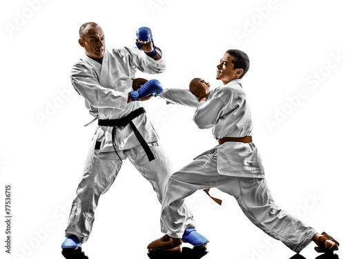 karate men teenager student fighters fighting protections