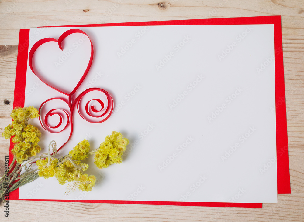 Greeting card with a red heart and space for text on a wooden ba - obrazy, fototapety, plakaty 
