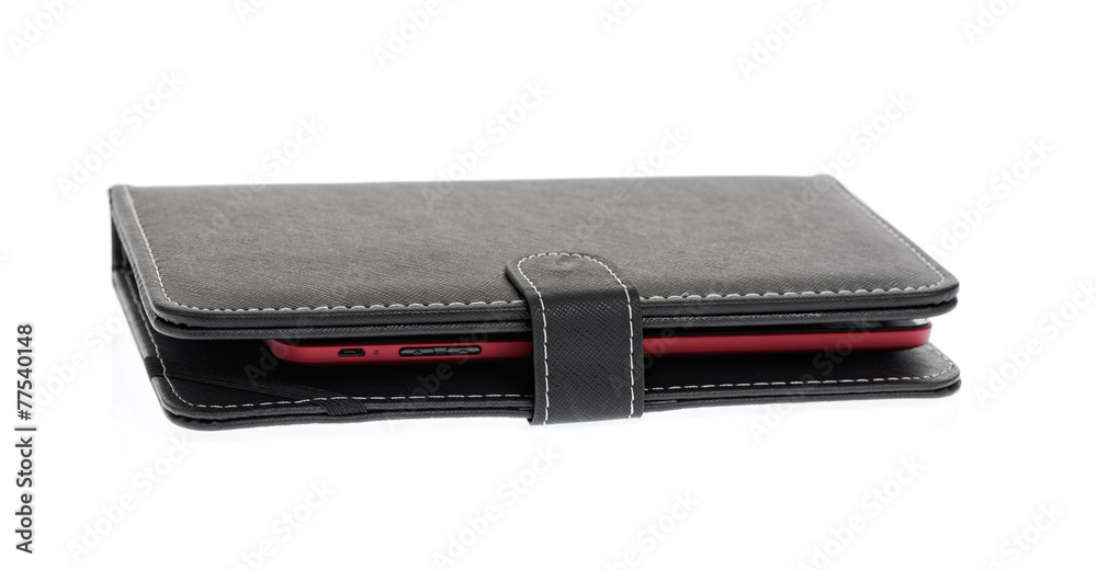 Black closed tablet case on white background Black closed tablet case on white background