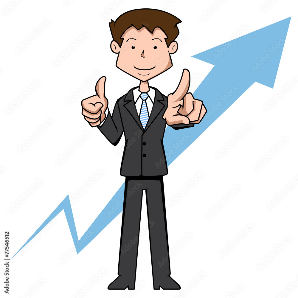 Business man thumbs up, arrow graph, vector