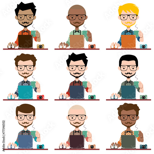 Male hipster avatar, working with computer, vector