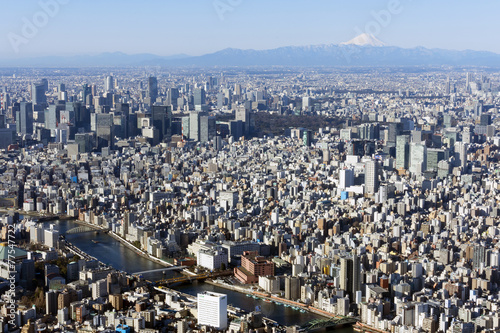 東京スカイツリー 展望回廊 地上450mから望む美しい富士山と東京街並全景 2015年2月