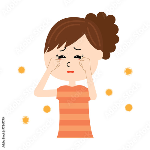 A young woman with itchy eyes, allergen flowing in the air