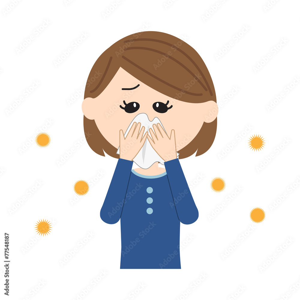 A young woman blowing nose, allergen flowing in the air A young woman blowing nose, allergen flowing in the air