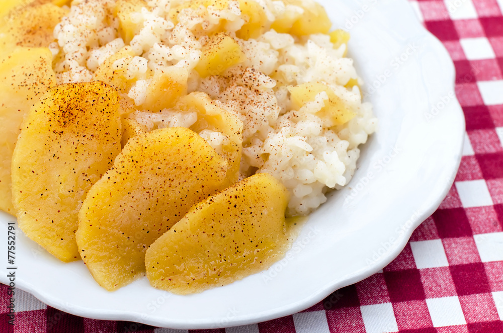 rice porridge with apples close up
