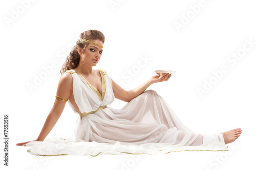 Classical Greek Goddess in Tunic Holding Bowl photo
