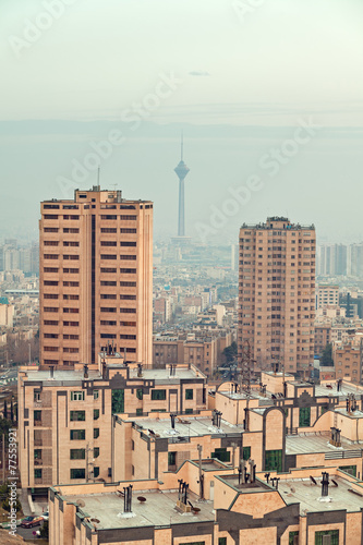 Milad Tower Between Two Skyscrapers in the Skyline of Tehran