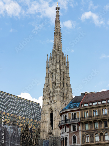 Fototapeta Naklejka Na Ścianę i Meble -  Südturm des Stephansdoms mit Gebäude am Wiener Stephansplatz