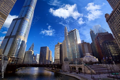 Chicago River Walk with urban skyscrapers  IL  United States