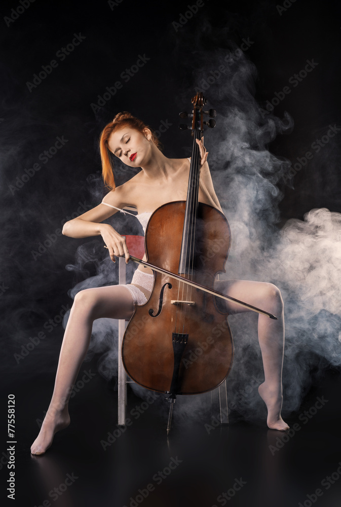 Naked girl playing cello