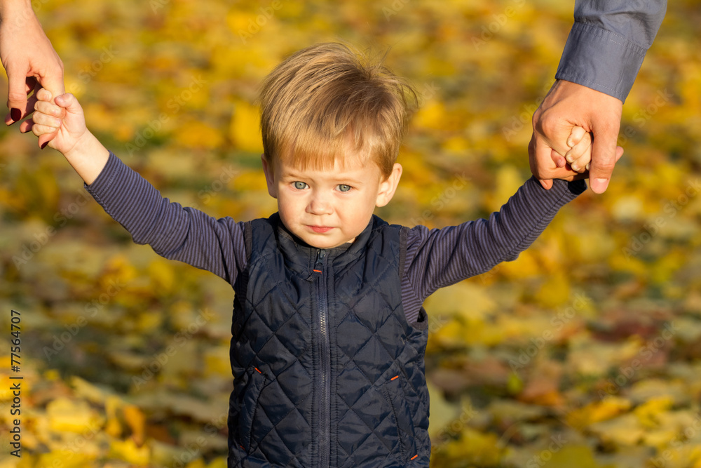 Beautiful little boy walks in autumn park Beautiful little boy walks in autumn park