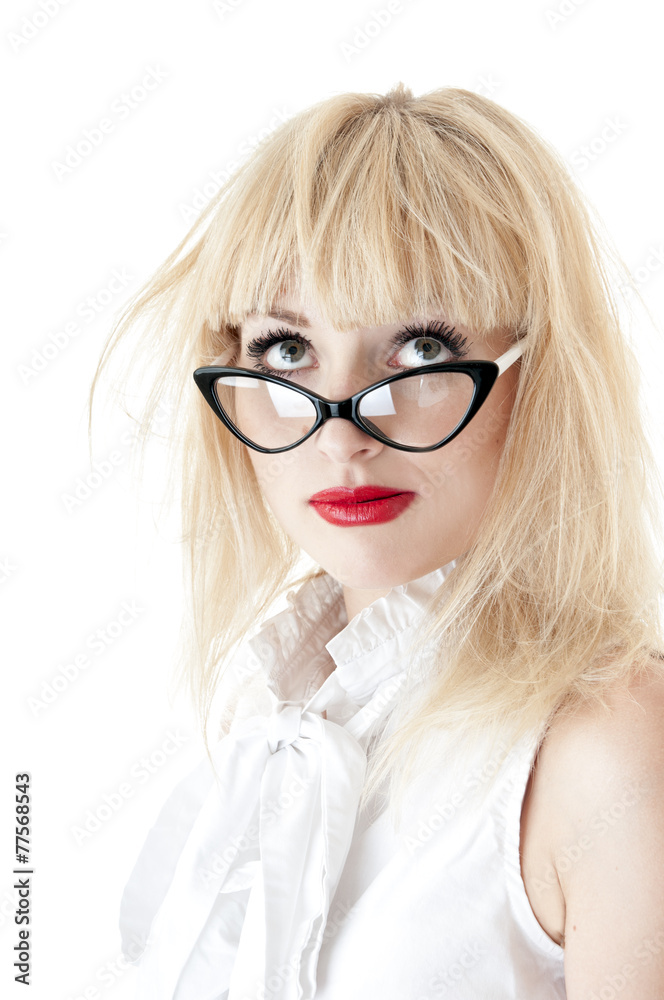 Portrait of funny businesswoman wearing glasses on white backgr Portrait of funny businesswoman wearing glasses on white backgr