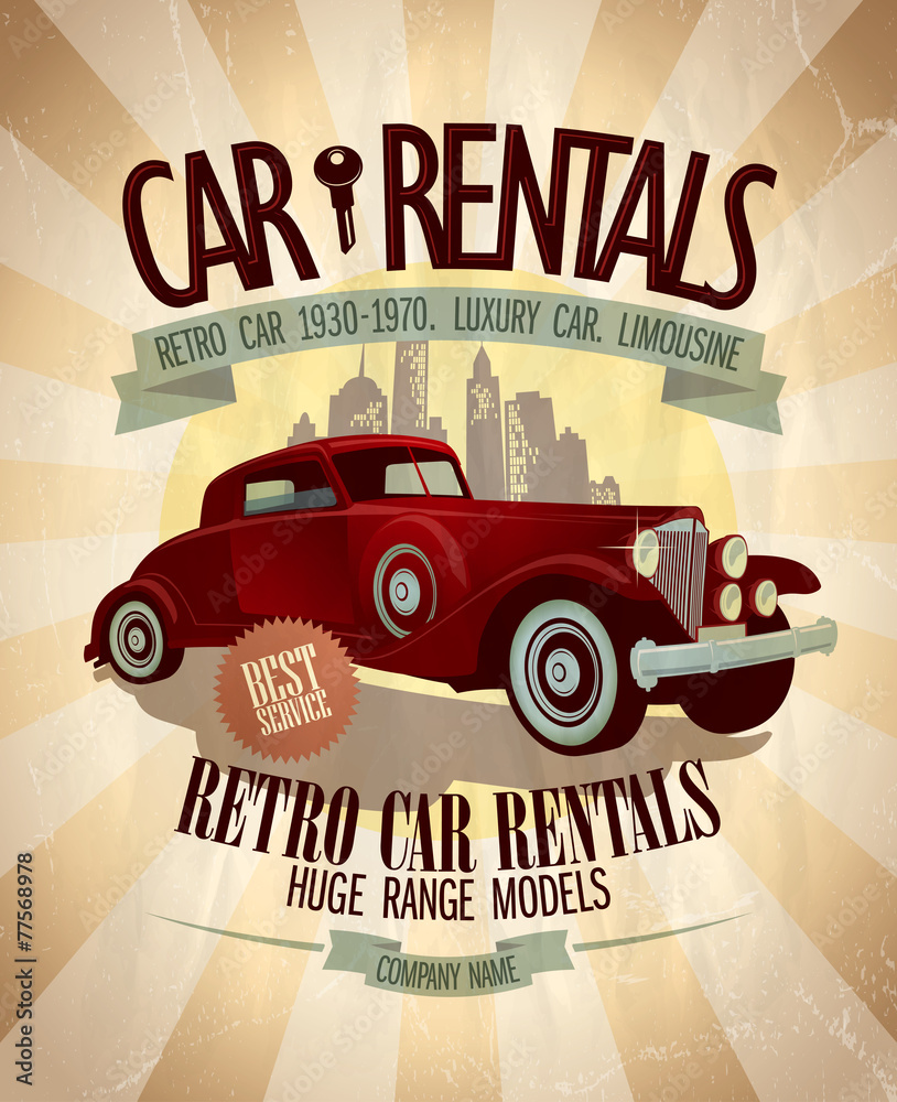 Plakat Projekt wynajmu samochodów retro.
