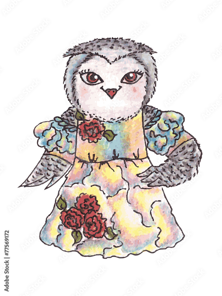 Cute owl in a dress. Watercolor, vector.