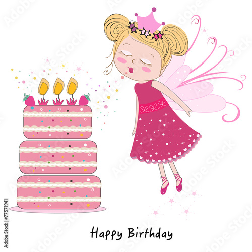 Fairy girl blowing out candles with happy birthday cake