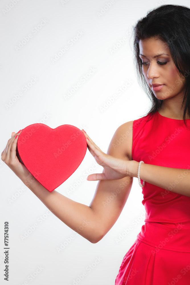lovely woman with red heart shaped gift box