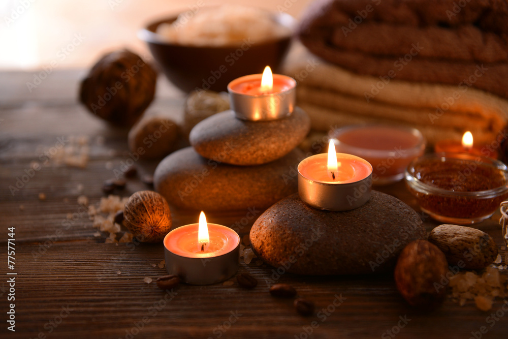 Composition of spa treatment on wooden background
