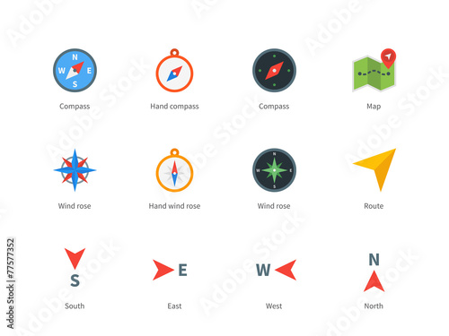 Compass and map colored icons on white background.