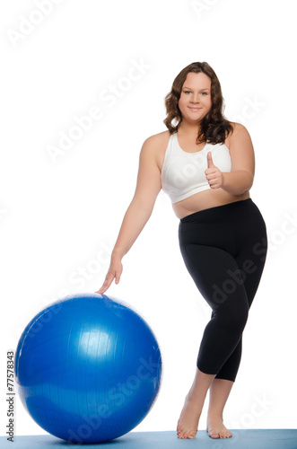 woman is overweight with blue ball fitness