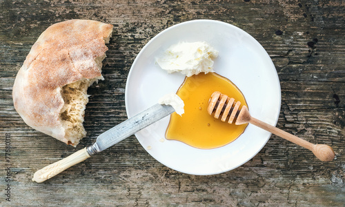 Tradirional Balkan breakfast set: kaymak (butter cream), flatbre photo