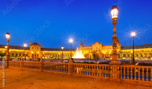 Evening view of Plaza de Espana with fence