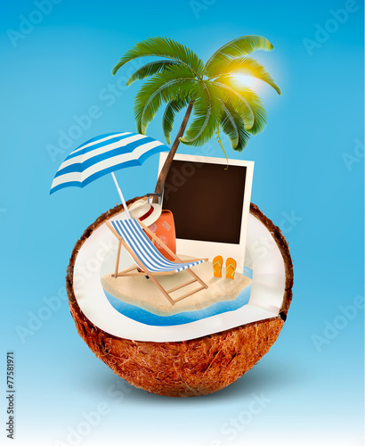 Vacation concept. Palm tree, suitcase and a photo in a coconut.