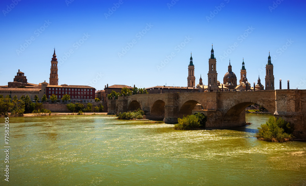 ancient  bridge over Ebro river in Zaragoza