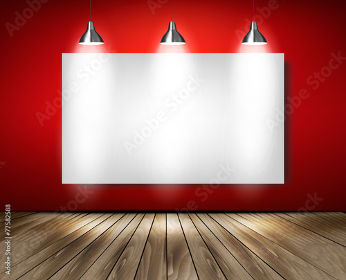 Red room with spotlights and wooden floor. Vector.