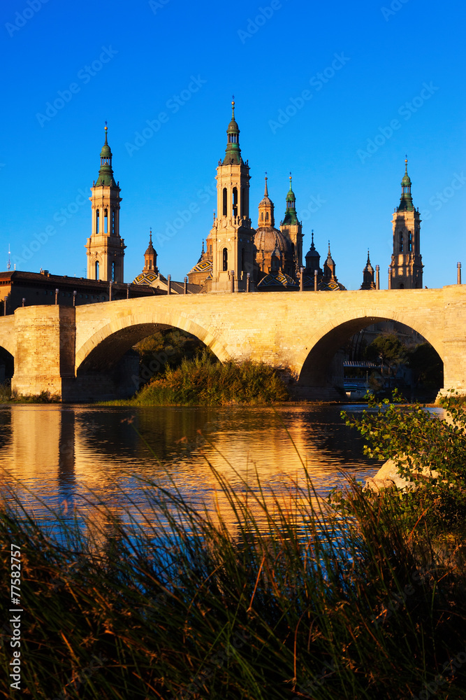  bridge and  Cathedral in sunny morning. Zaragoza