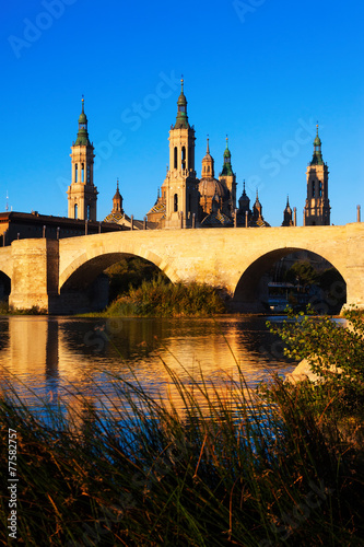  bridge and Cathedral in sunny morning. Zaragoza