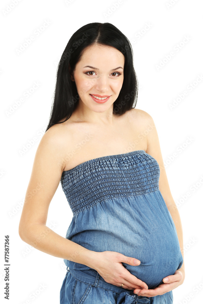 Beautiful young pregnant woman touching her belly isolated Beautiful young pregnant woman touching her belly isolated