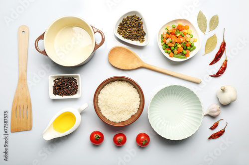 Food ingredients and kitchen utensils for cooking isolated