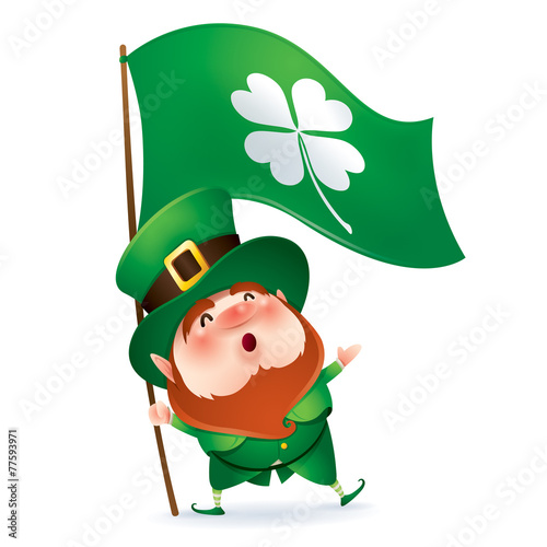 Leprechaun holding flag of clover symbol