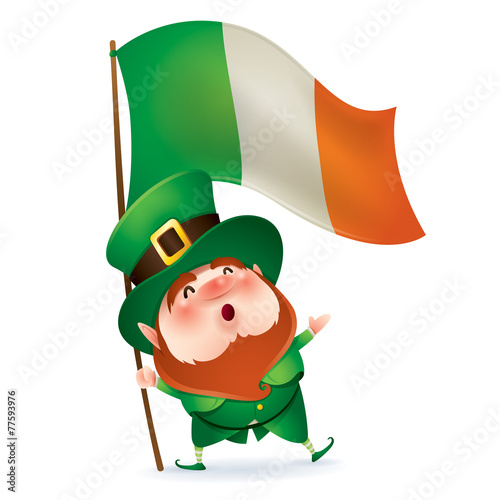 Leprechaun holding flag of Ireland