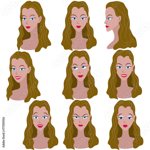 Set of variation of emotions of the same girl with brown hair