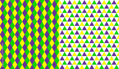 Mardi Gras seamless vector patterns in diamond, triangles.